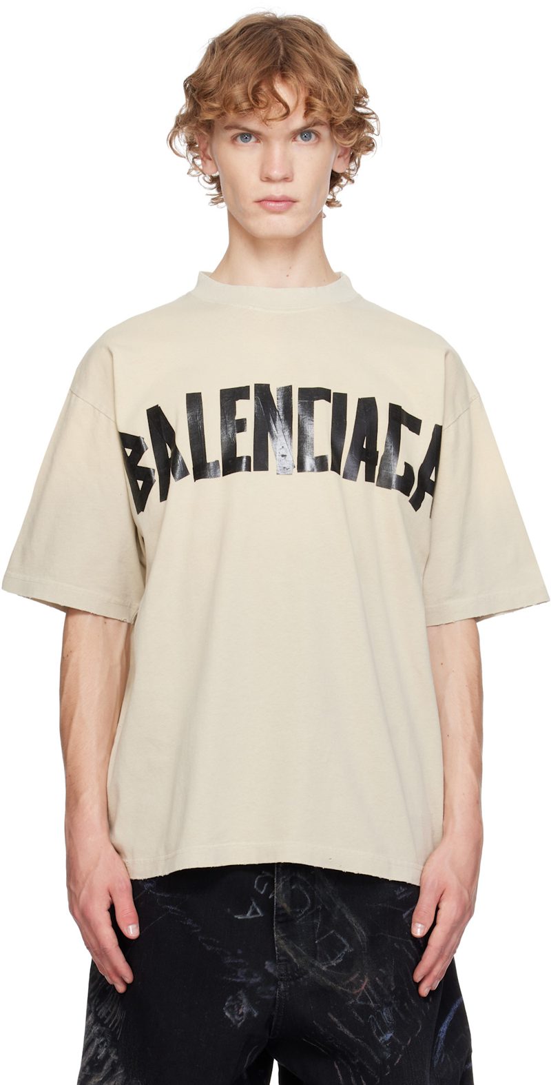 Beige Tape Logo Medium Fit T-shirt 262342M213010