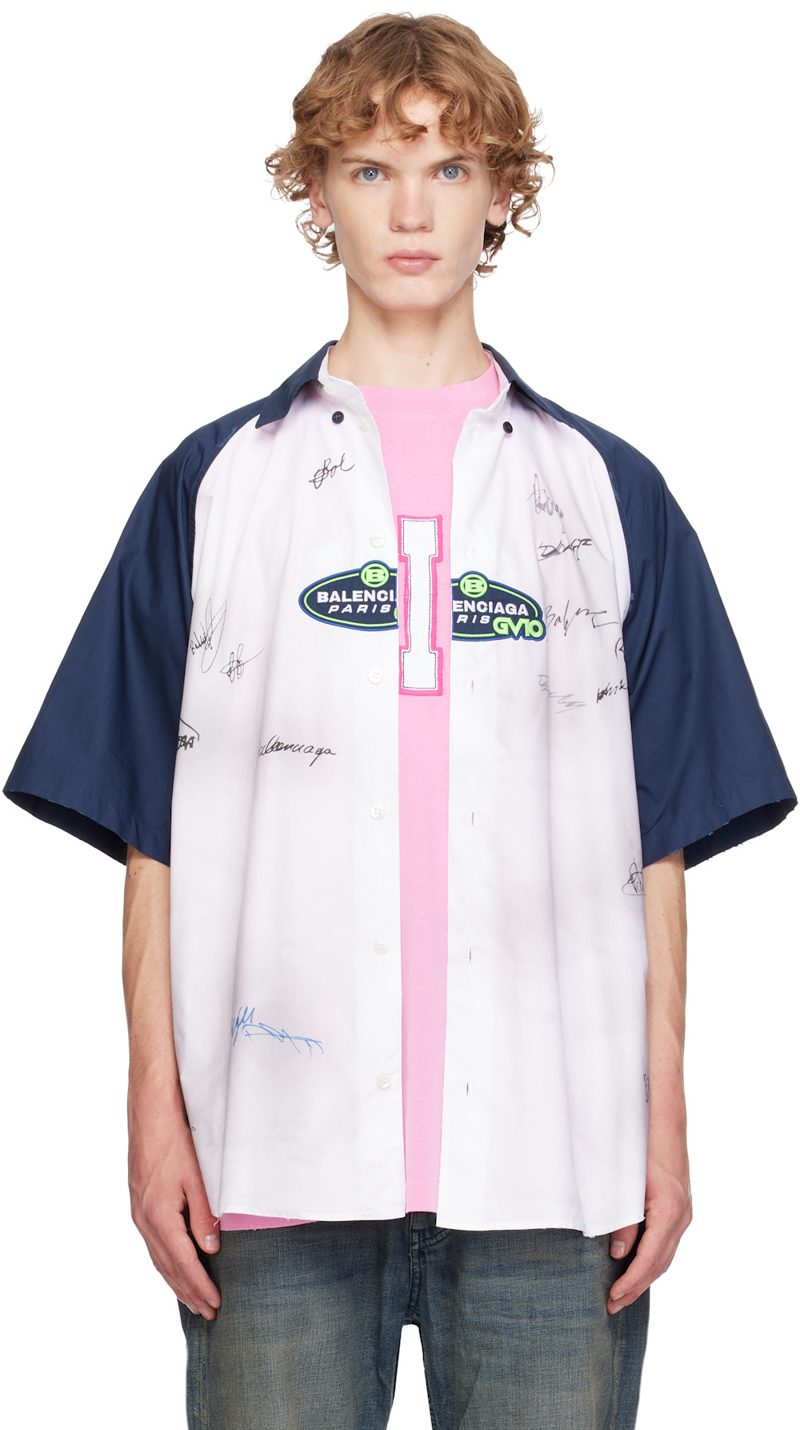 White & Navy Logos S/S Raglan Shirt 262342M192007