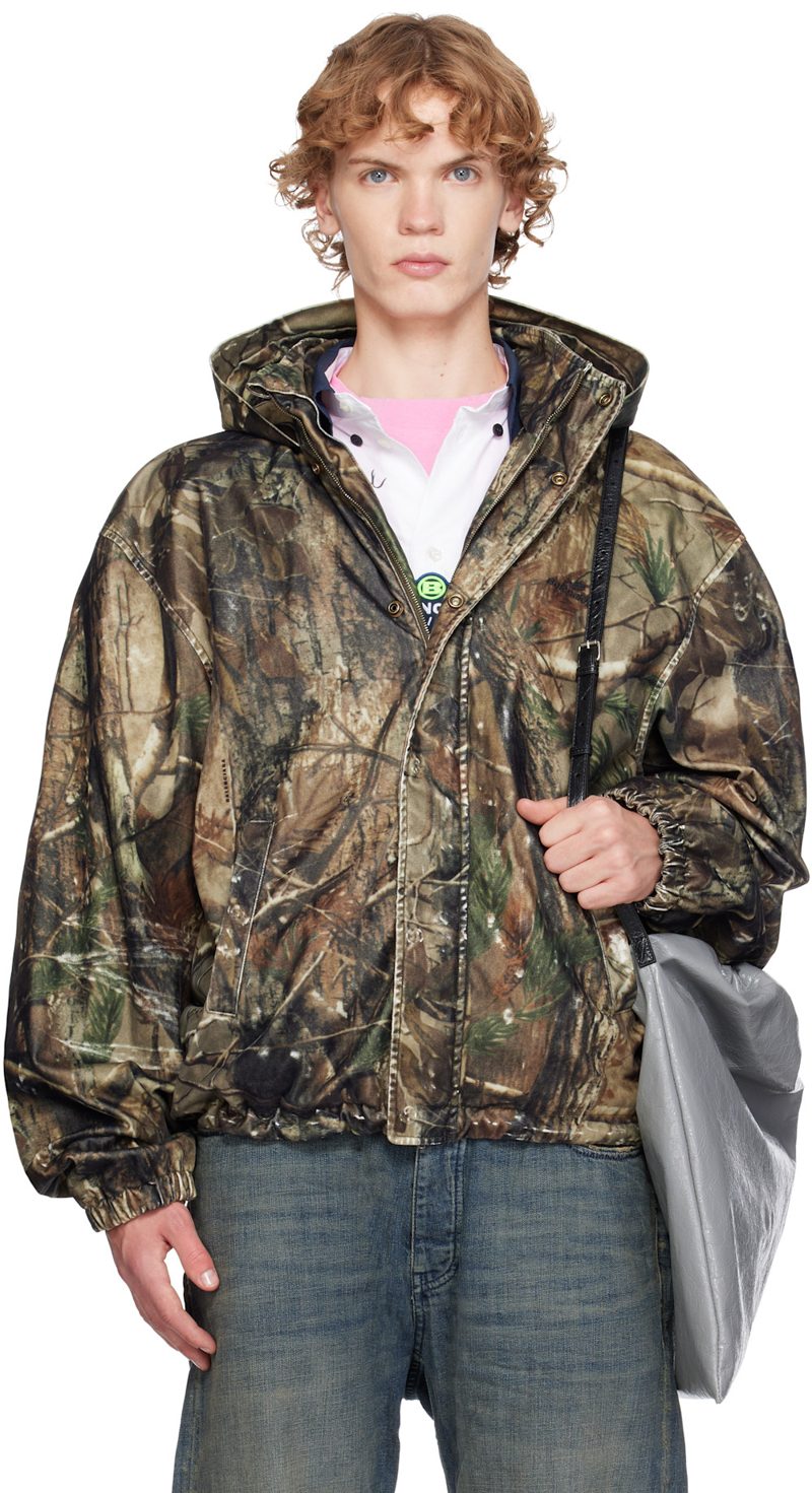 Khaki Camo Flocked Cotton Hooded Jacket 262342M180011