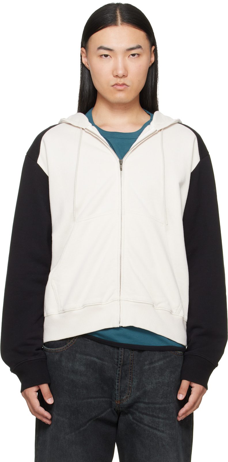 오프화이트 & Black Paneled Zip-Up Hoodie 262188M202009