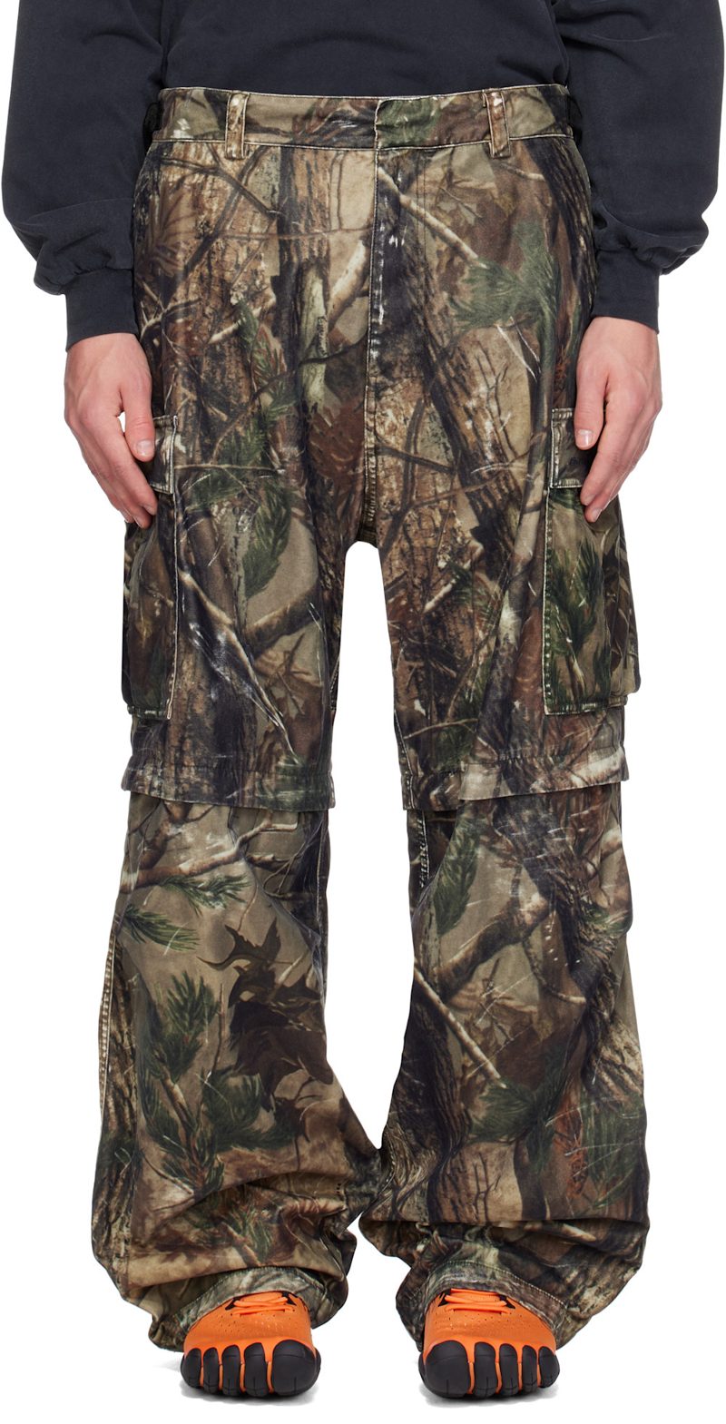 Brown Camo Flocked Cotton Baggy Cargo Pants 262342M188000