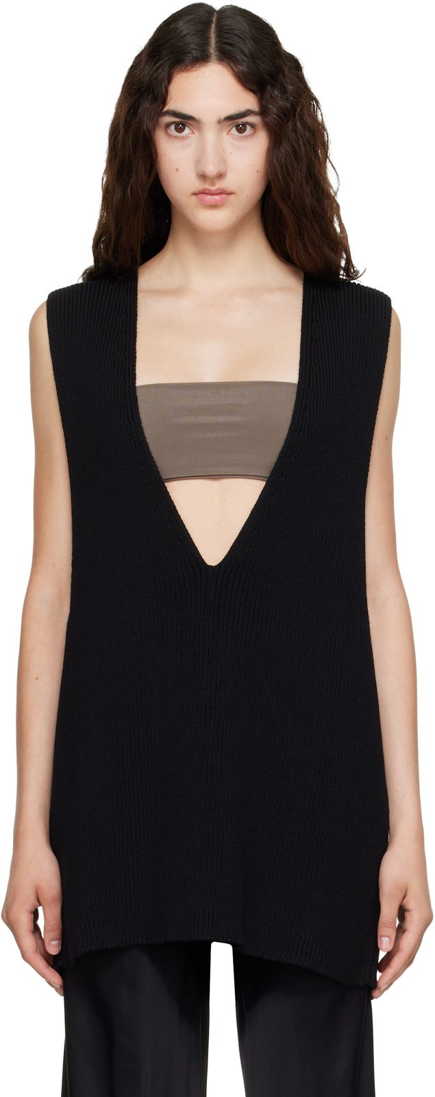 Black Tower Wool Knit V Neck Vest 252232F111025