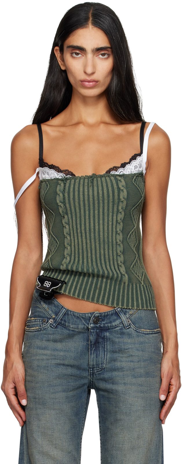 Green Patched Cotton Hybrid Cable Knit Tank Top 262342F111000