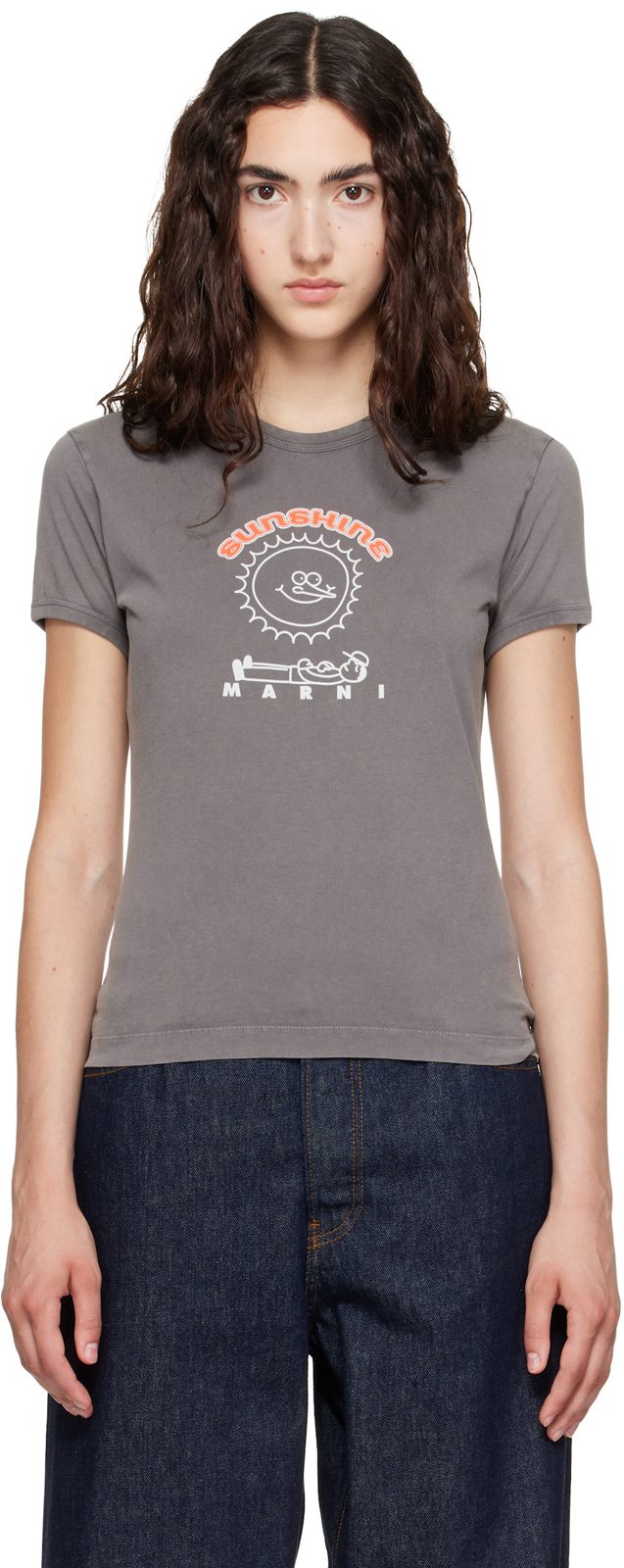 Marni Gray Cotton Sunshine Print T-shirt 262379F110006