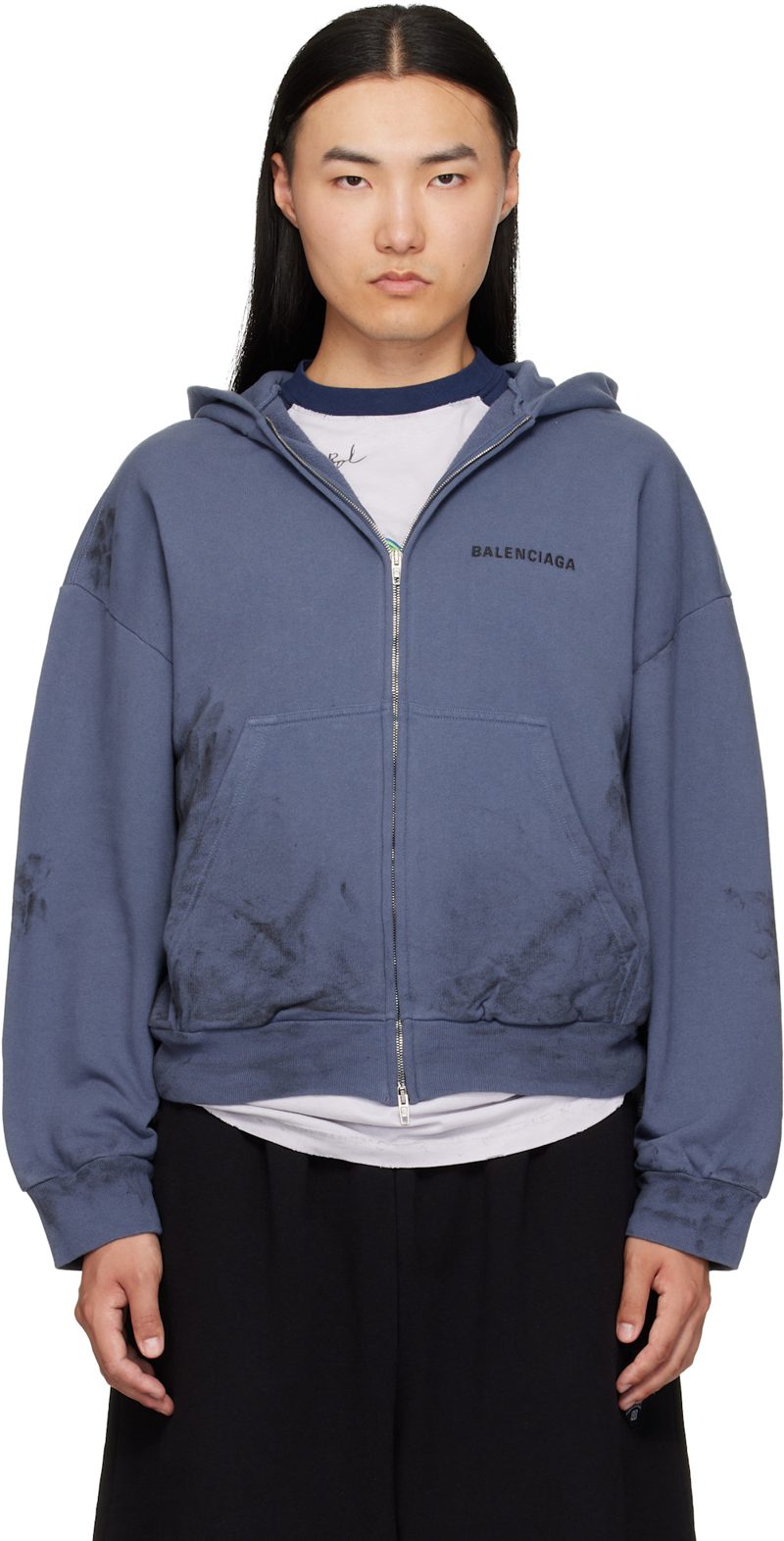 Blue Stained Zip-Up Hoodie 262342M202017