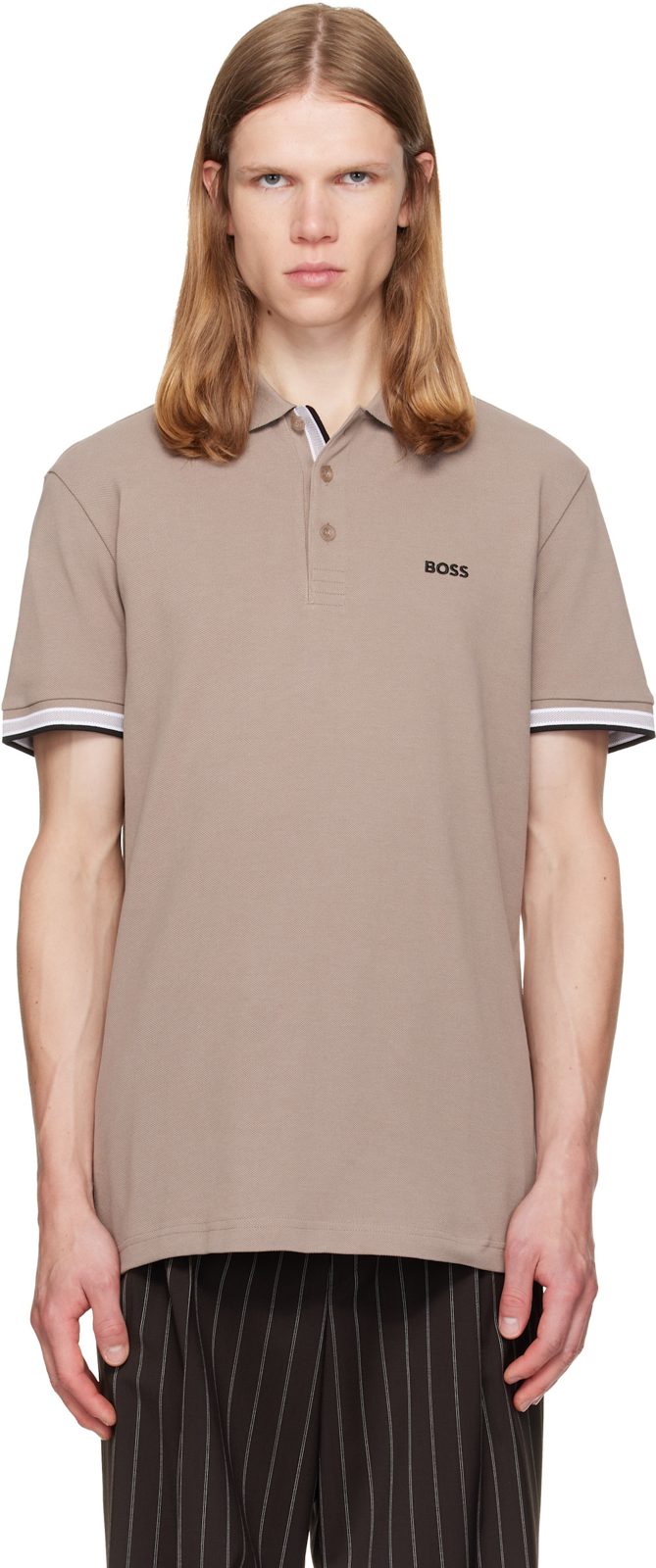 Taupe Contrast-Tipped Cotton Pique Polo 262085M212023