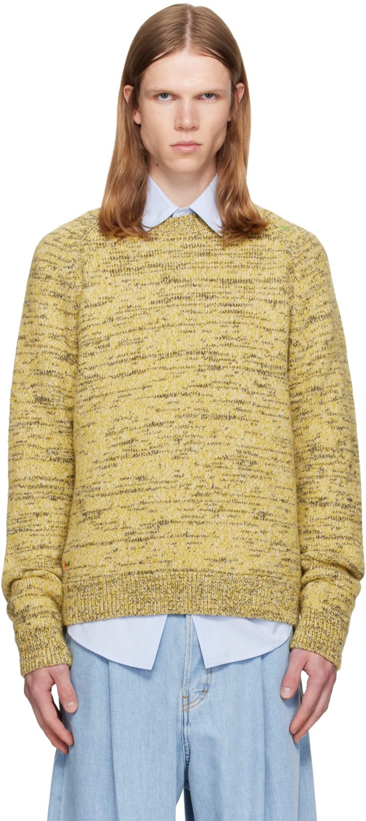 Yellow Embroidered Flowers Wool Sweater 262358M201002