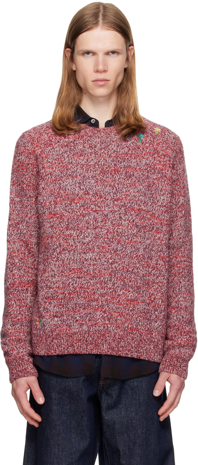 Red Embroidered Flowers Wool Sweater 262358M201001