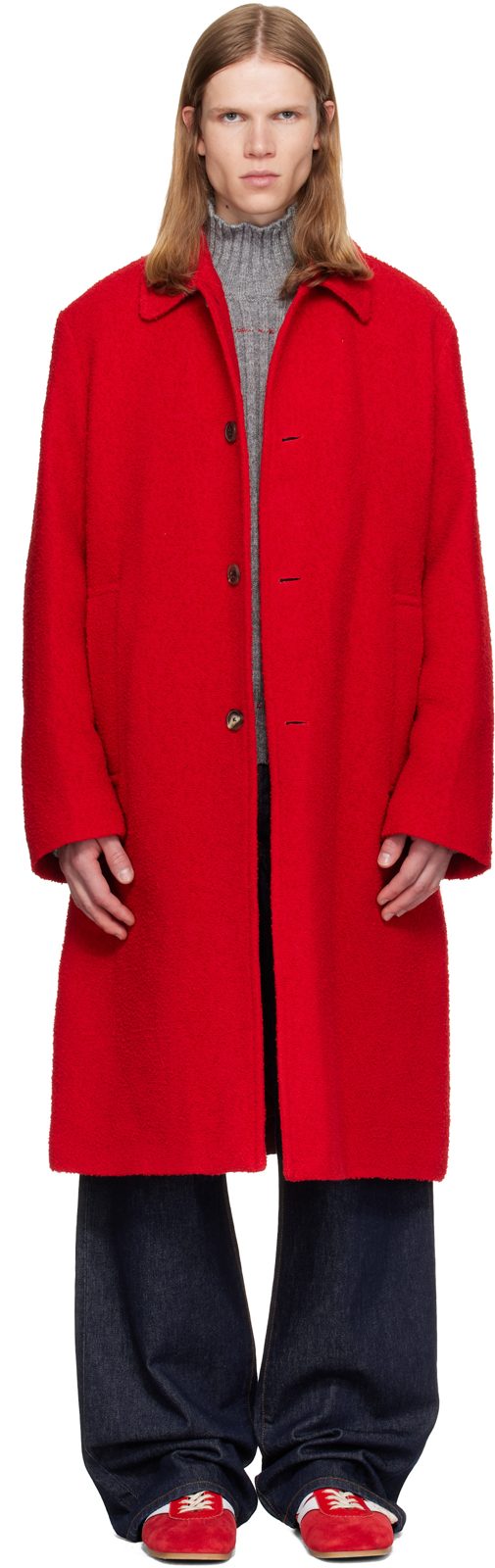 Red Wool Boucle Coat 262358M176007