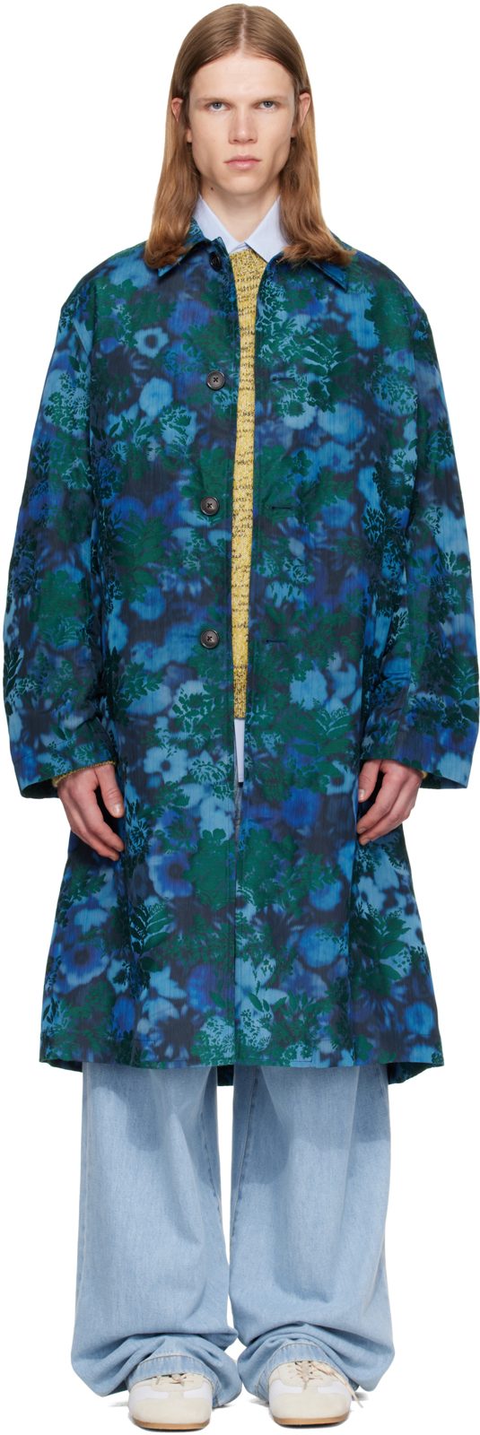 Blue Floral Jacquard Coat 262358M176003
