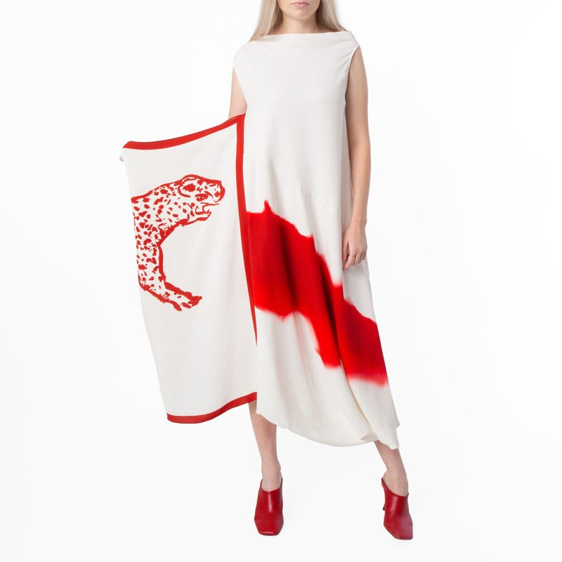 Draped Front Abstract Print Asymmetric Hem Dress_Whisper White