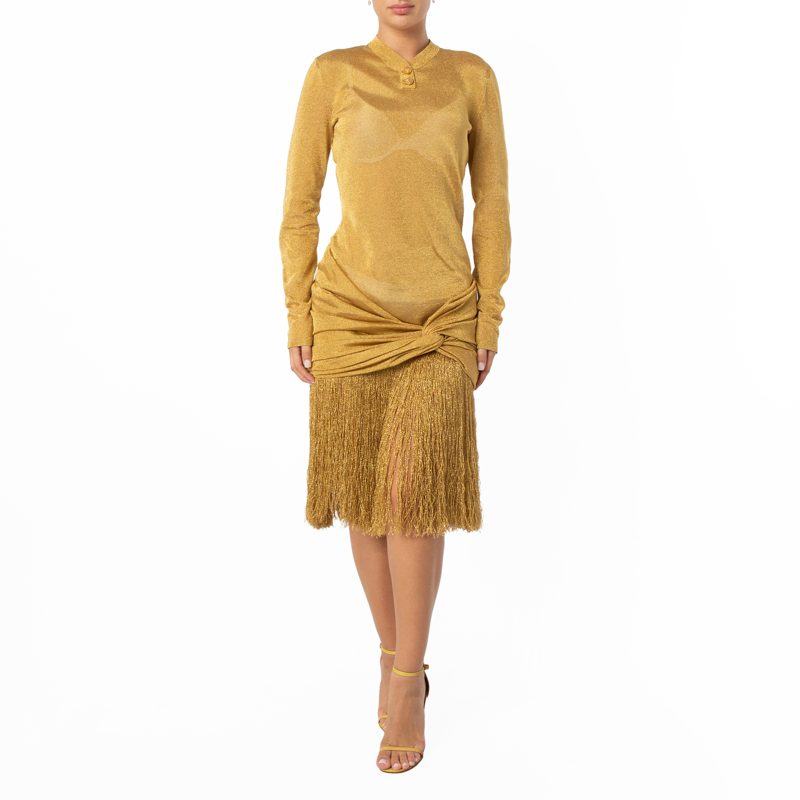 Midi Lurex Dress With Fringed Skirt