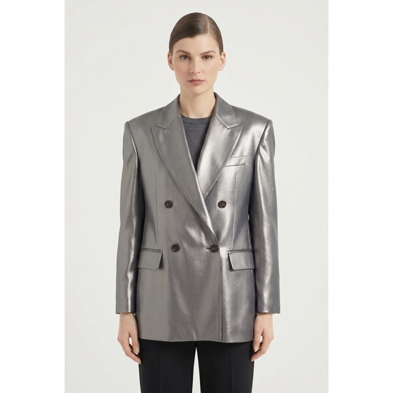 Brunello Cucinelli Wosilver Tailored Double Breasted Blazer_Silver-tone