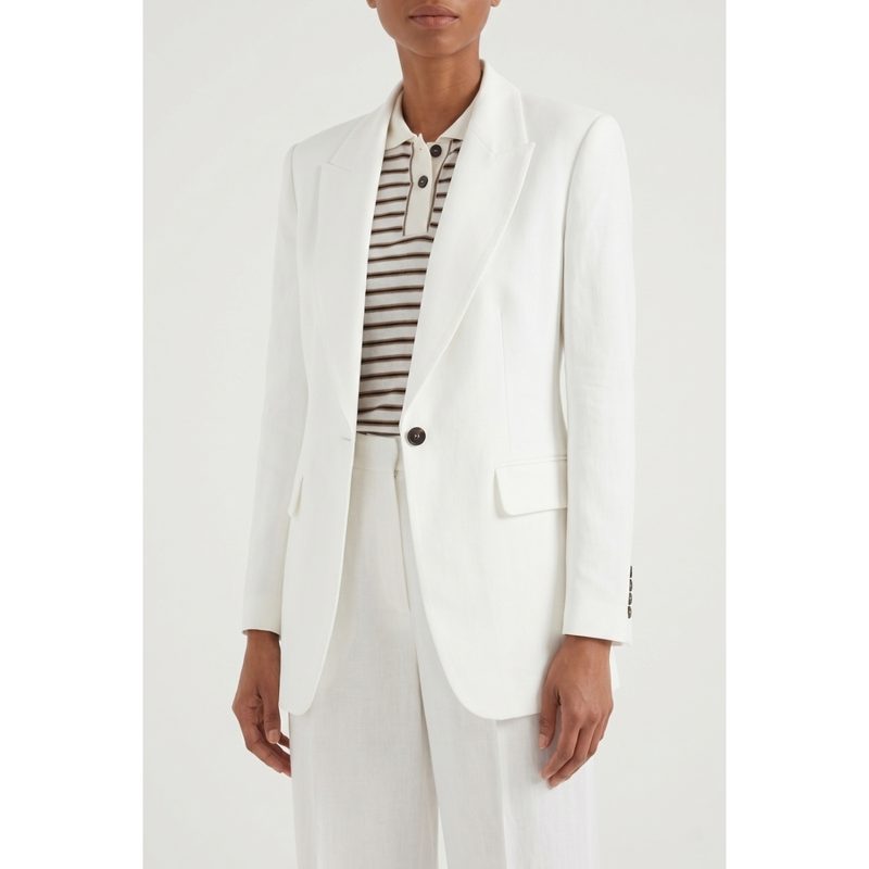 Brunello Cucinelli Natural Linen Blend Tailored Blazer_White