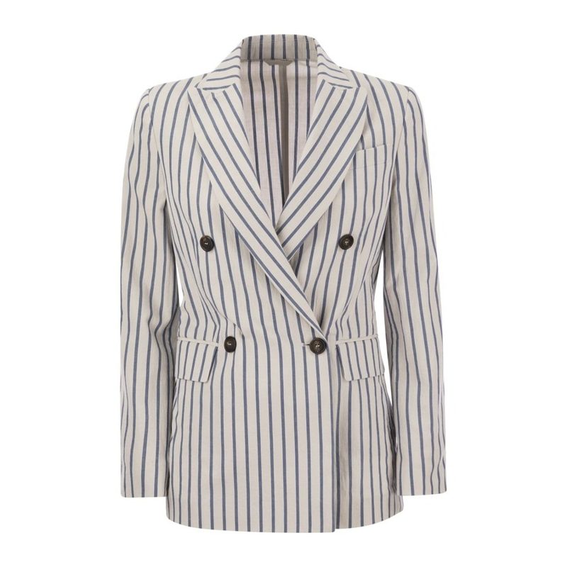 Brunello Cucinelli White Striped Double Breasted Jacket_Multi-Color