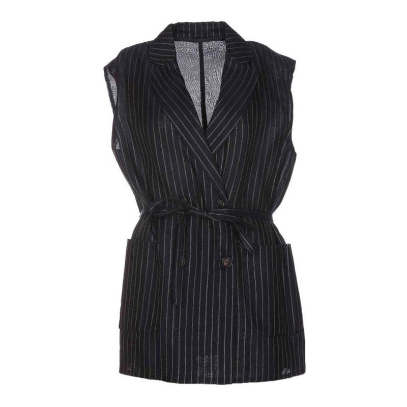 Brunello Cucinelli Blue Silver Pinstripe Sleeveless Jacket With Belt_Multi-Color
