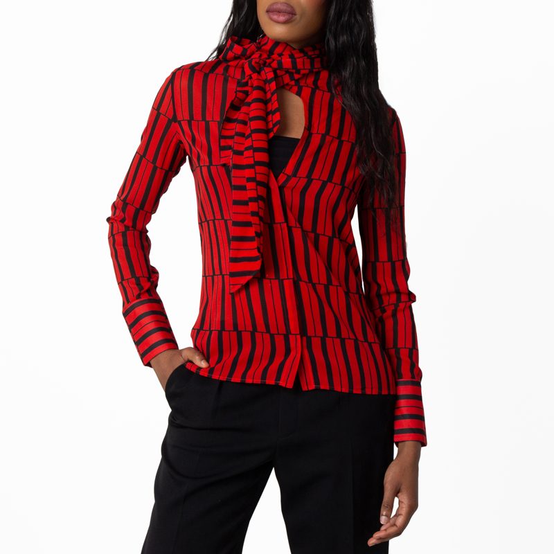 Stripe Print Long-Sleeved Blouse_Red/Black
