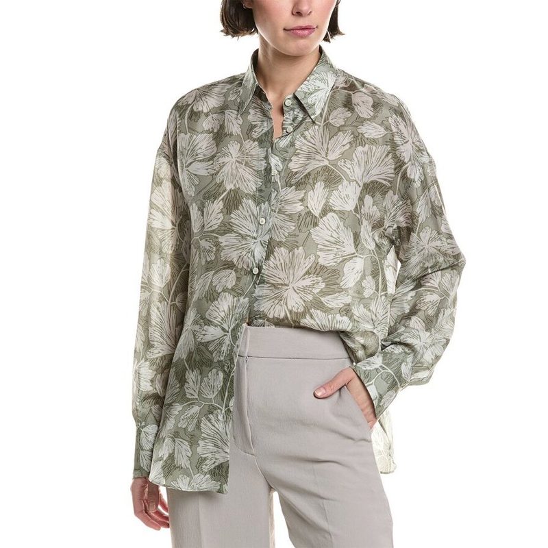 Brunello Cucinelli Green Silk Floral Blouse_Green