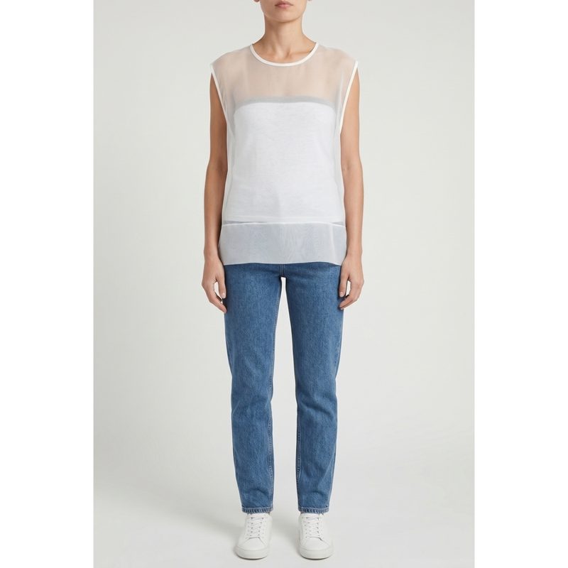 Brunello Cucinelli Sheer OV[ERL]AY Sleeveless Top_White