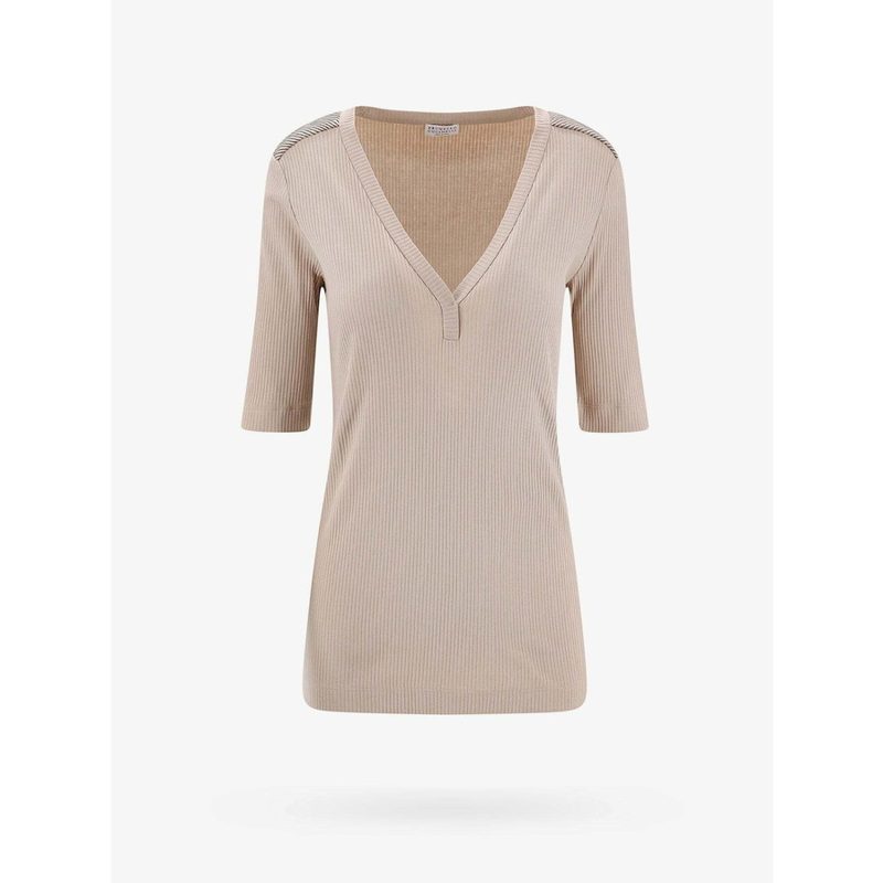 Brunello Cucinelli Beige Ribbed V-Neck Top_Beige