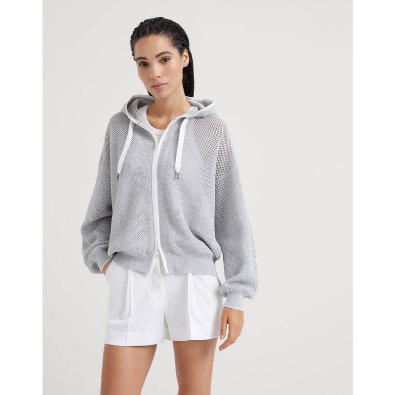 Brunello Cucinelli Wolight Grey Mesh Zip Hoodie_Grey