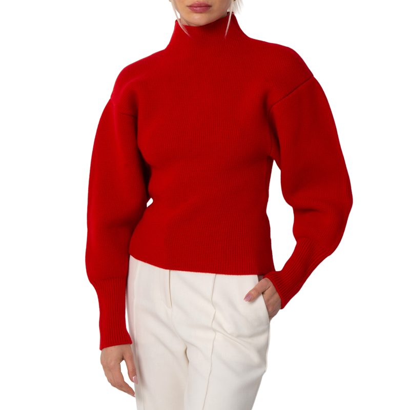 Puffed Sleeve Wool Cashmere Sweater_Red