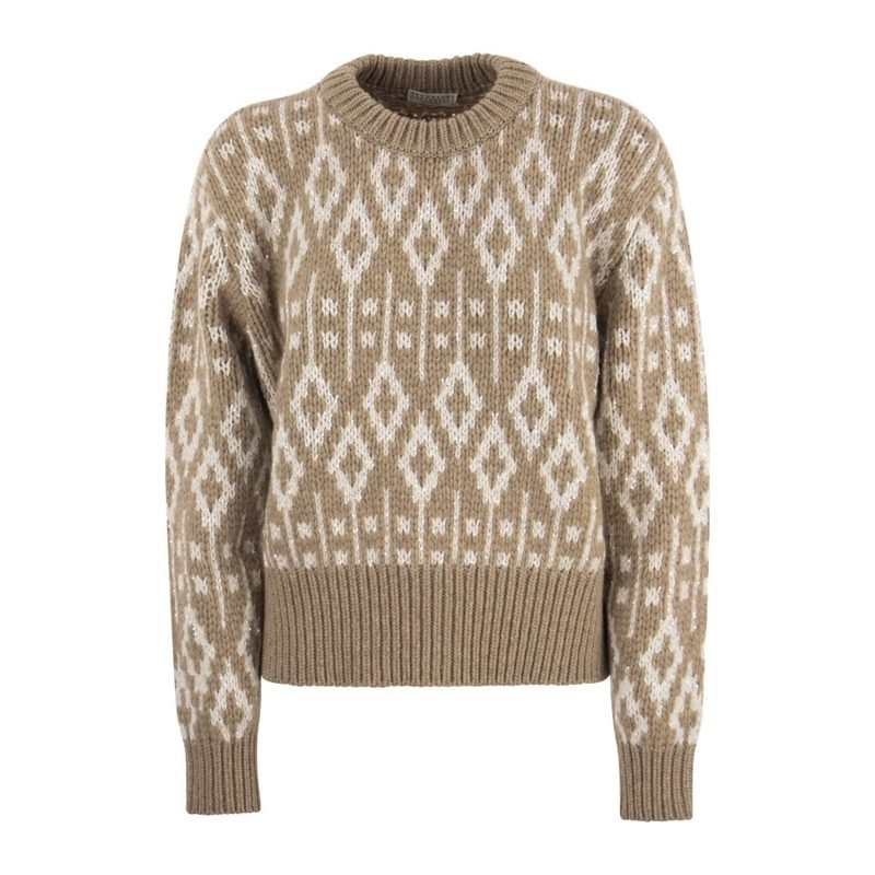 Brunello Cucinelli Wobeige Wool Patterned Sweater_Beige