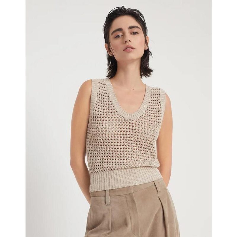 Brunello Cucinelli Wobeige Openwork Knit Sweater_Beige