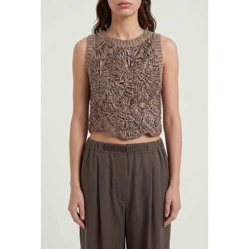 Brunello Cucinelli Wotaupe Crochet Knit Sweater_Brown