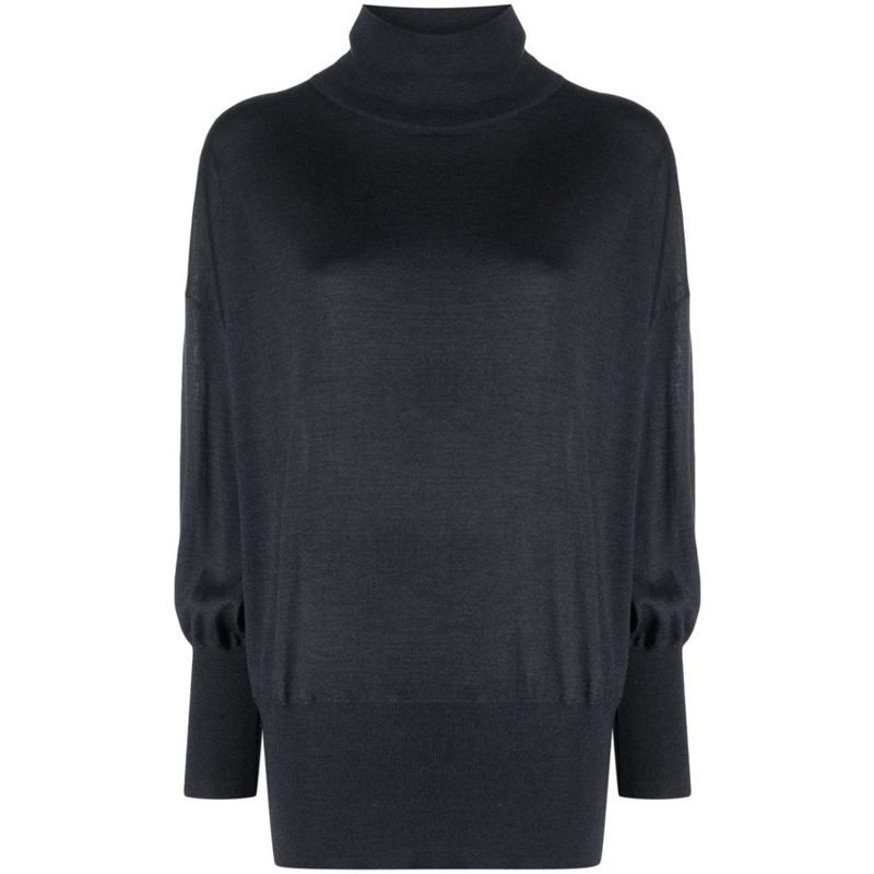 Brunello Cucinelli Dark Mock Neck Knit Sweater_Navy