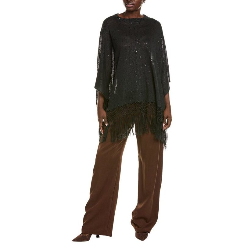 Brunello Cucinelli Black Fringed Poncho-Style Sweater_Black