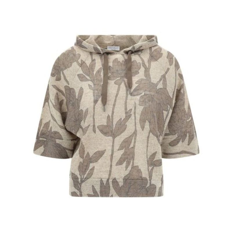 Brunello Cucinelli Beige Floral Linen Silk Sweater_Multi-Color
