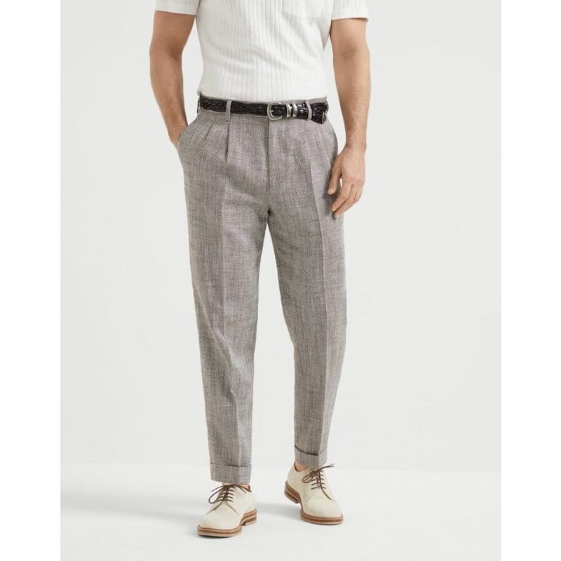 Brunello Cucinelli Light Brown Linen Blend Trousers_Brown