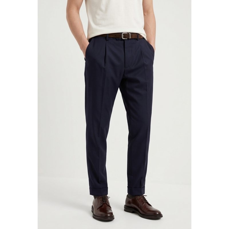 Brunello Cucinelli Navy Wool Silk Tapered Trousers_Navy