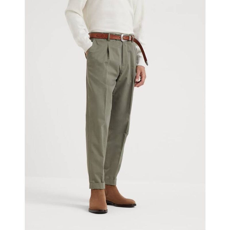 Brunello Cucinelli Olive Pleated Cotton Trousers_Green