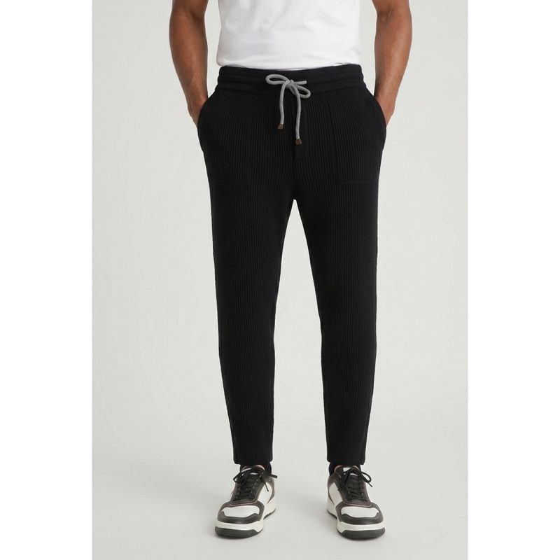Brunello Cucinelli Black Wool Knit Trousers_Black