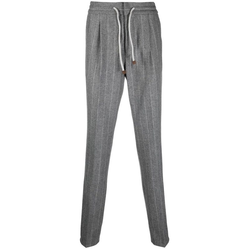 Brunello Cucinelli Gray Pinstripe Drawstring Trousers_Grey