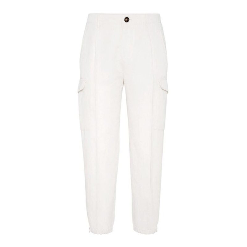 Brunello Cucinelli Off White Linen Blend Cargo Trousers_White