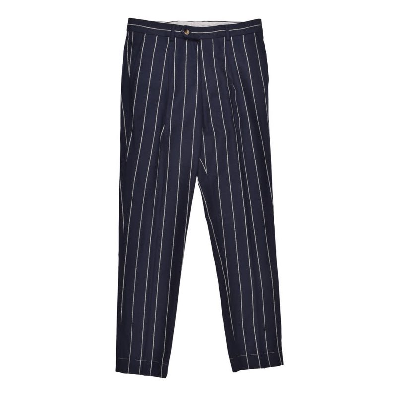 Brunello Cucinelli Navy Linen Blend Striped Trousers_Navy