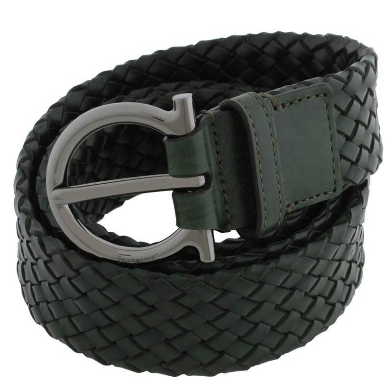 Braided Leather Gancini Fixed Belt_Green