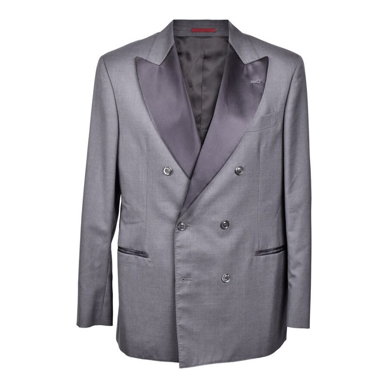 Brunello Cucinelli Gray Wool Silk Tuxedo Blazer_Grey
