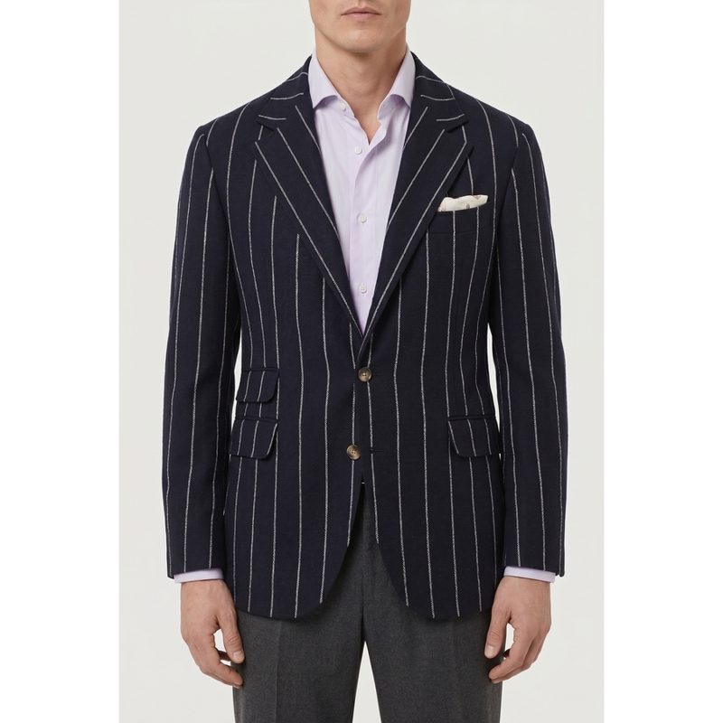 Brunello Cucinelli Navy Striped Tailored Blazer_Navy