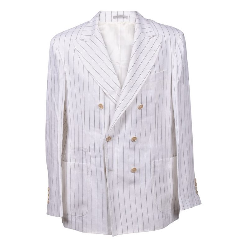Brunello Cucinelli White Linen Double-Breasted Striped Blazer_White