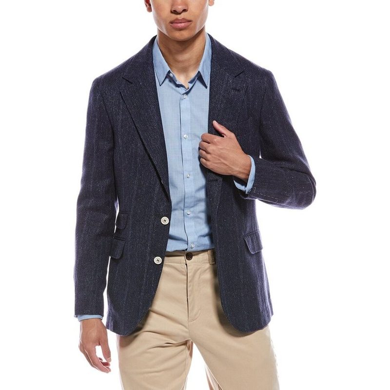 Brunello Cucinelli Navy Linen Silk Wool Blazer_Navy