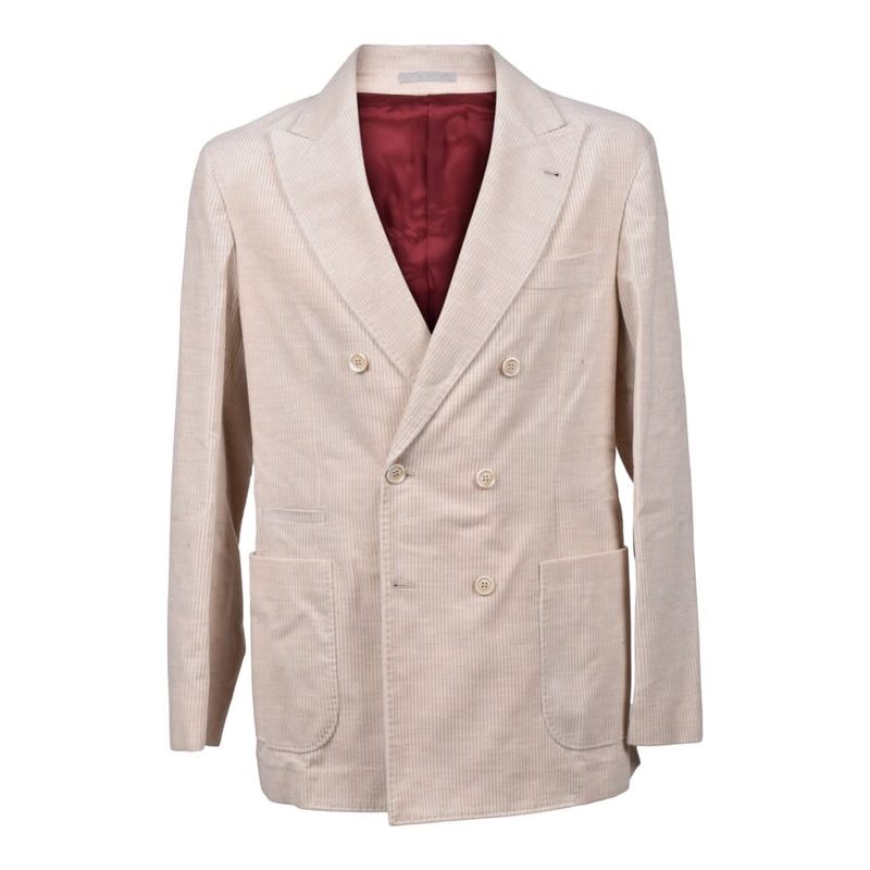 Brunello Cucinelli Camel Cashmere Corduroy Double-Breasted Blazer_Beige