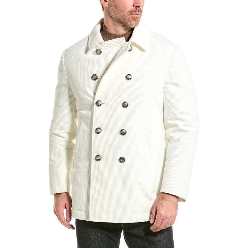 Brunello Cucinelli White Corduroy Double-Breasted Pea Coat_White