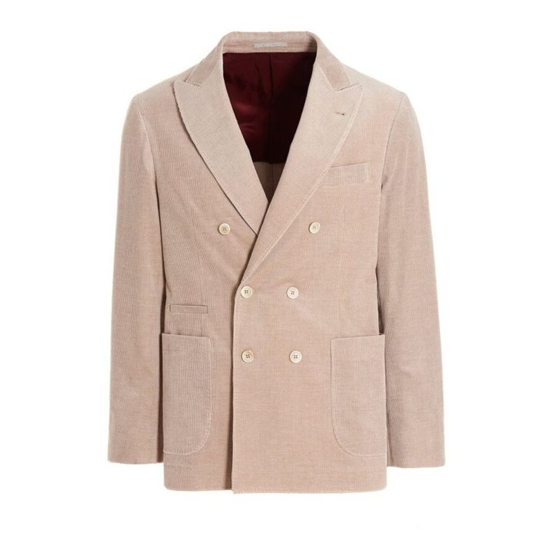 Brunello Cucinelli Sand Double-Breasted Corduroy Blazer_Beige