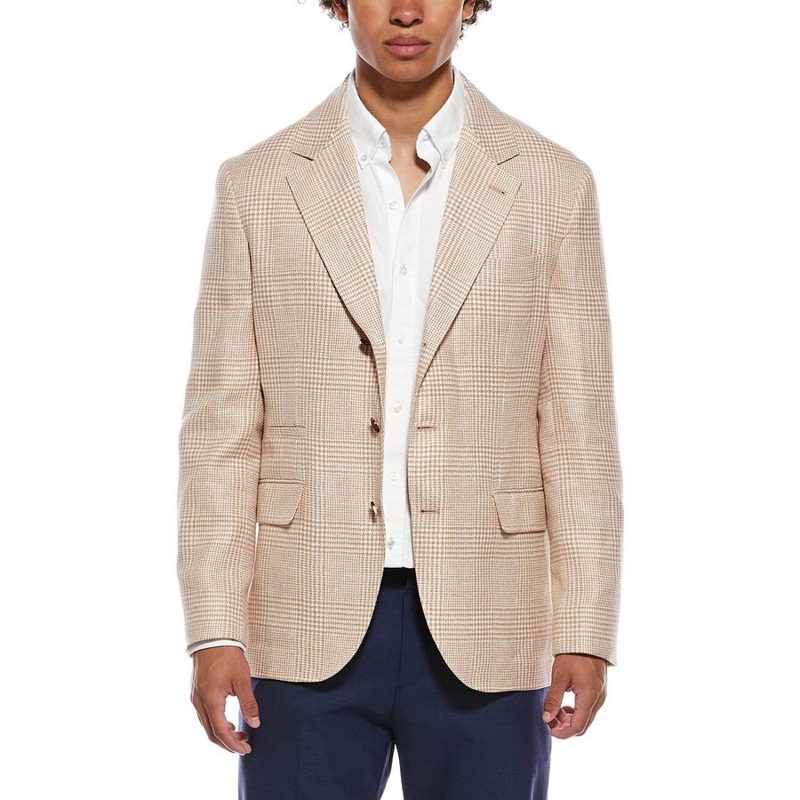 Brunello Cucinelli Papaya Linen Wool Check Blazer_Beige