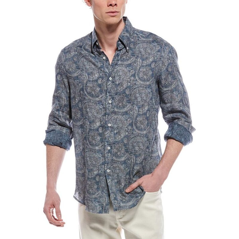 Brunello Cucinelli Denim Paisley Linen Button-Up Shirt_Blue