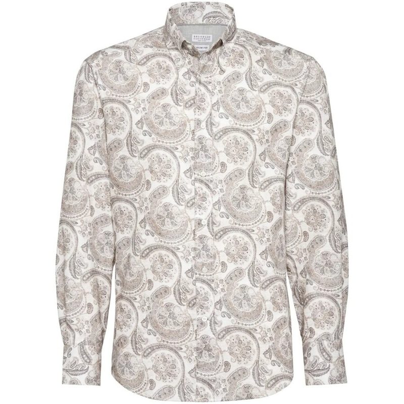 Brunello Cucinelli Brown Paisley Button-Up Shirt_Beige
